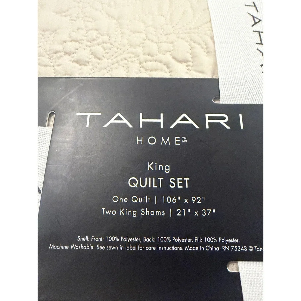 Tahari Home King Quilt Set 3 Piece Cream Floral Embroidered Coverlet 106x92